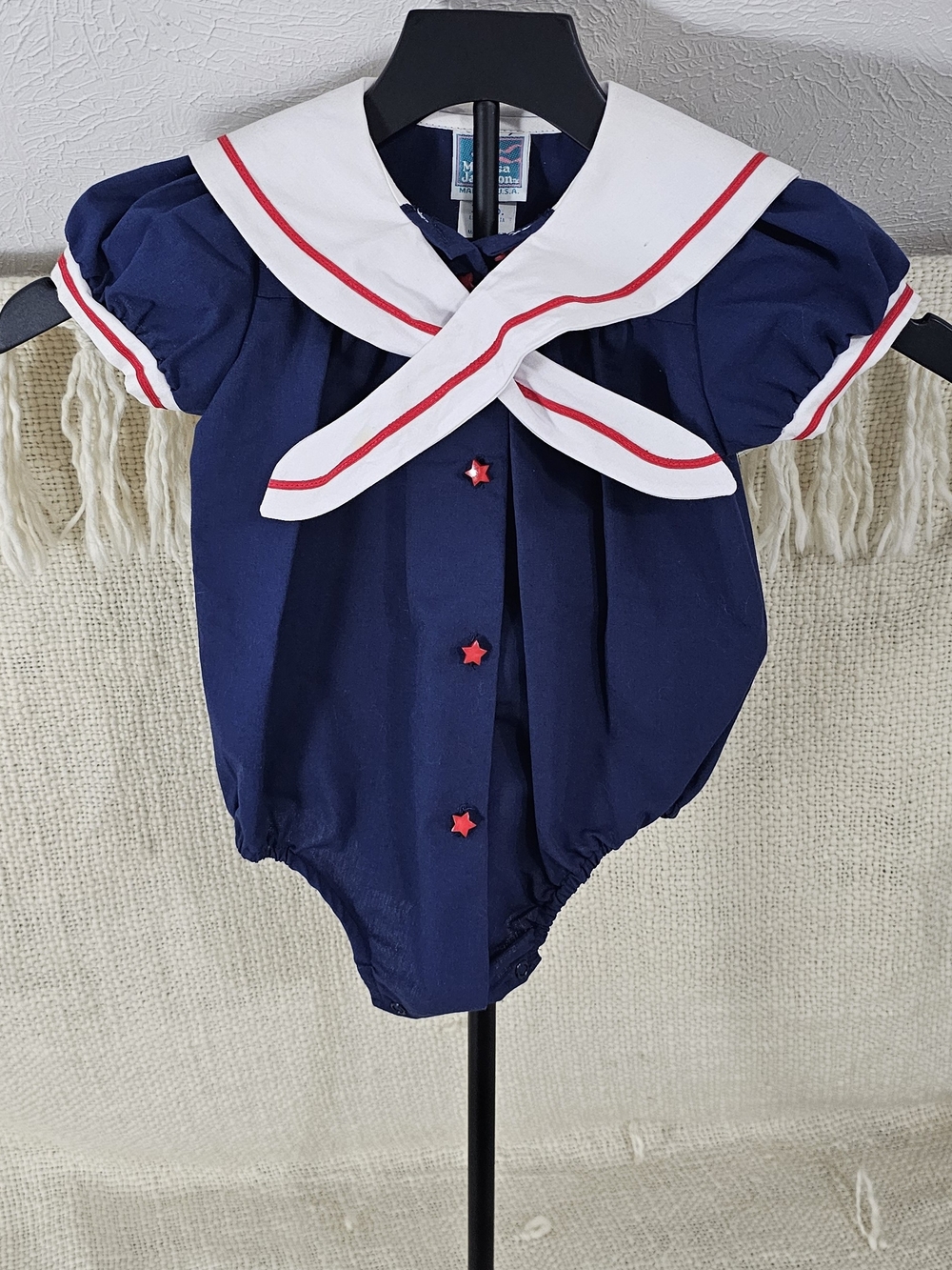 Vintage Melissa Navy Romper with White Collar and Red Accents Size 18 Mths